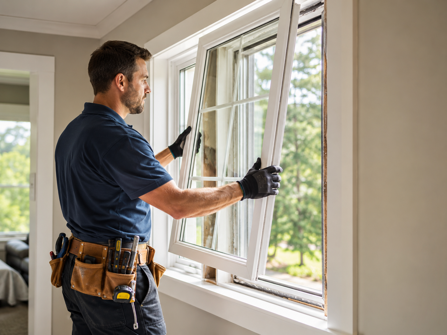 Professional contractor installing a replacement window